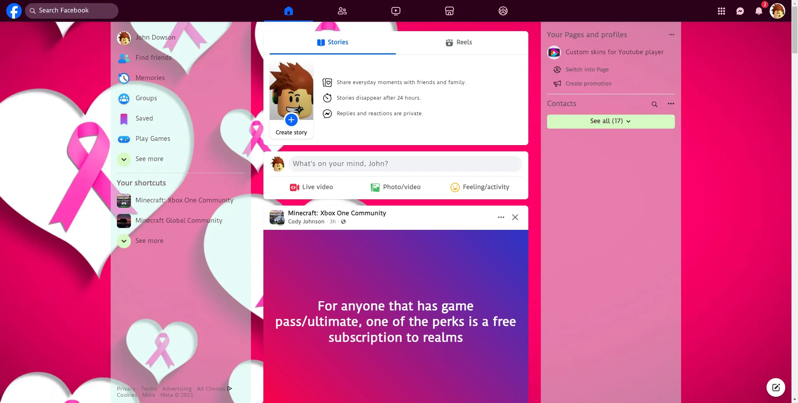 Pink Ribbons On Hearts In A Red Background screenshot of Love